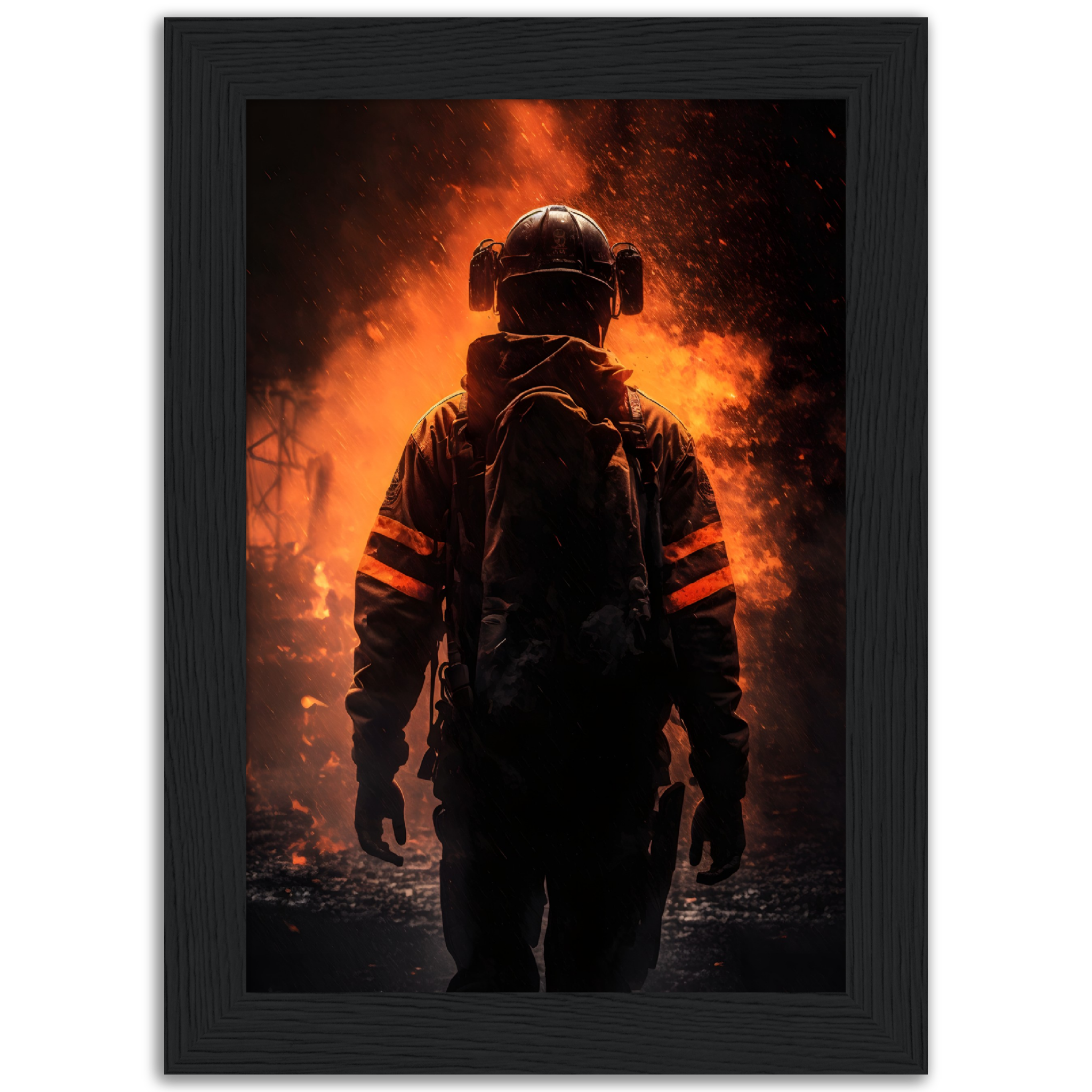 Poster premium en papier mat encadré en bois "Firefighter in the flames"