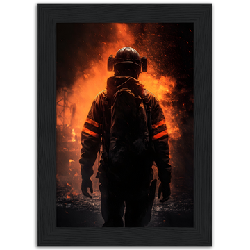 Poster premium en papier mat encadré en bois "Firefighter in the flames"